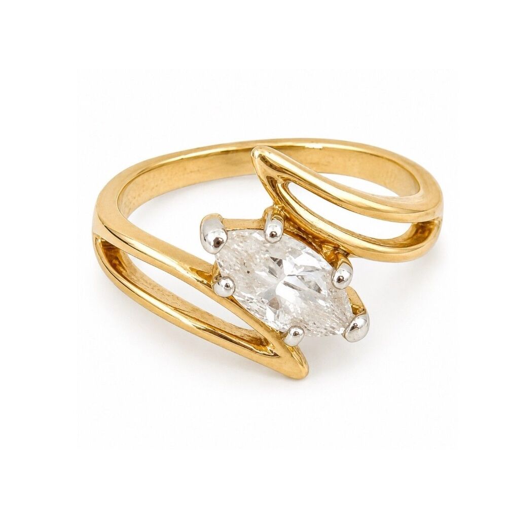 Vintage 1970s Ring Size 6 Uncas CZ Solitaire Bypass Gold Plated - 14R